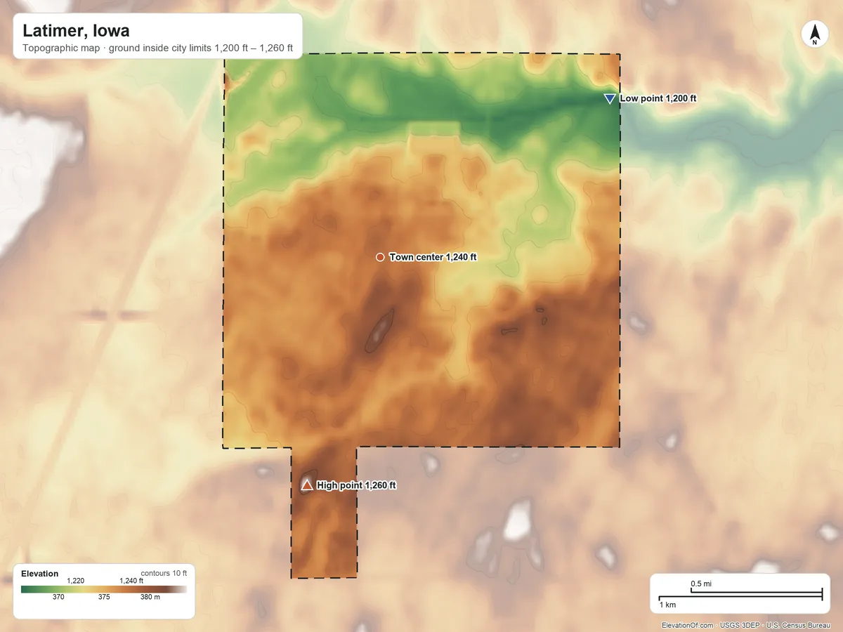 Topographic elevation map of Latimer, Iowa, shaded from 1,200 ft on the northeast side to 1,260 ft on the south side