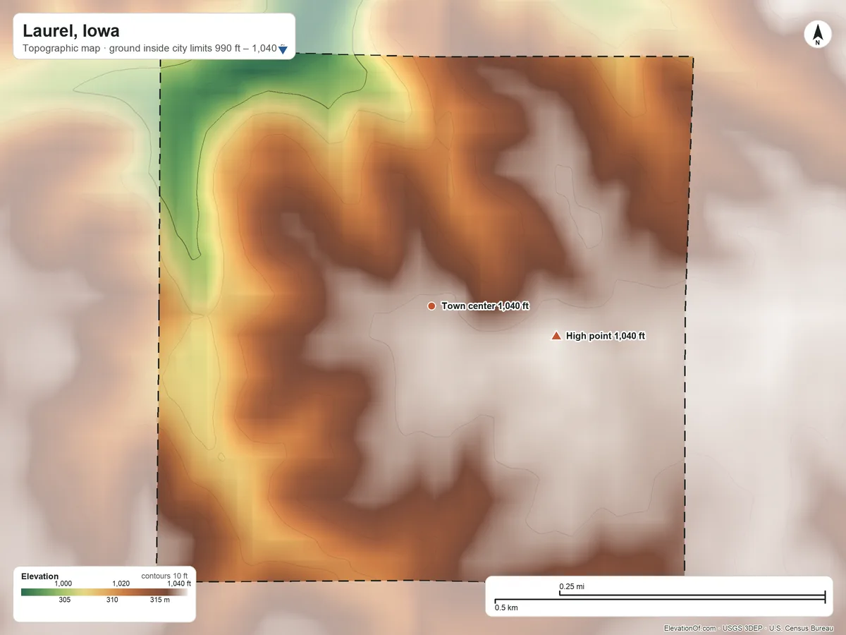 Topographic elevation map of Laurel, Iowa, shaded from 990 ft on the northwest side to 1,040 ft on the east side