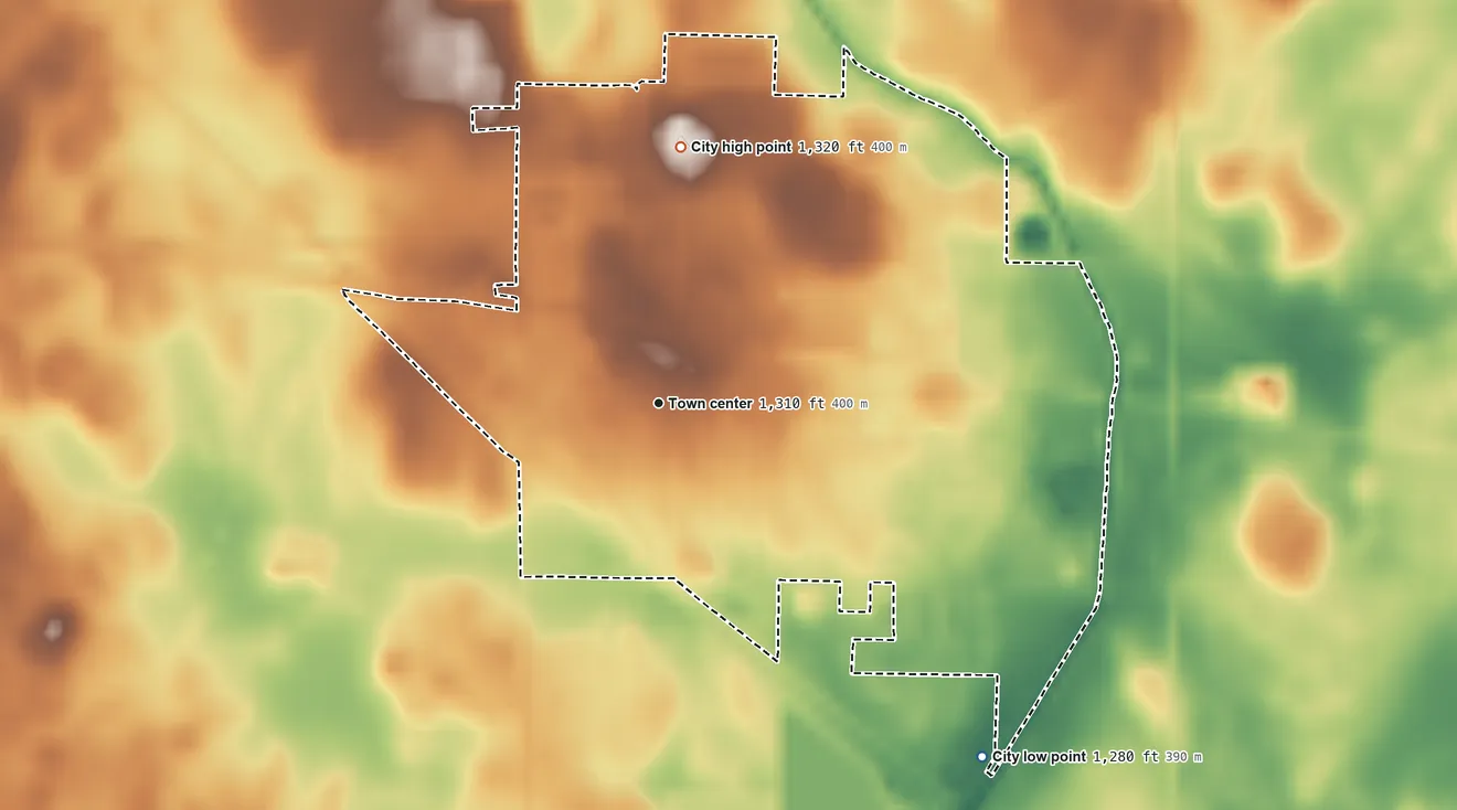Topographic elevation map of Laurens, Iowa, shaded from 1,280 ft on the southeast side to 1,320 ft on the north side
