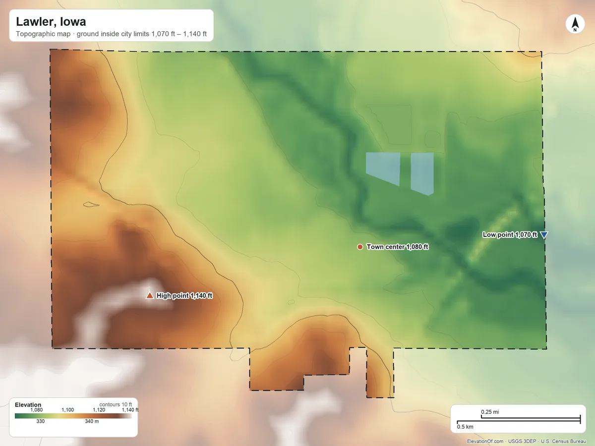 Topographic elevation map of Lawler, Iowa, shaded from 1,070 ft on the east side to 1,140 ft on the west side