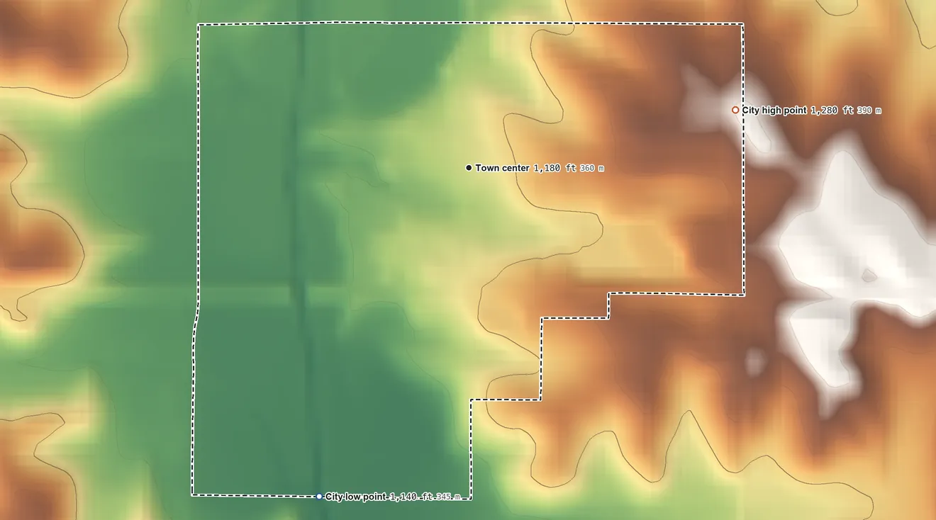 Topographic elevation map of Lawton, Iowa, shaded from 1,140 ft on the southwest side to 1,280 ft on the east side