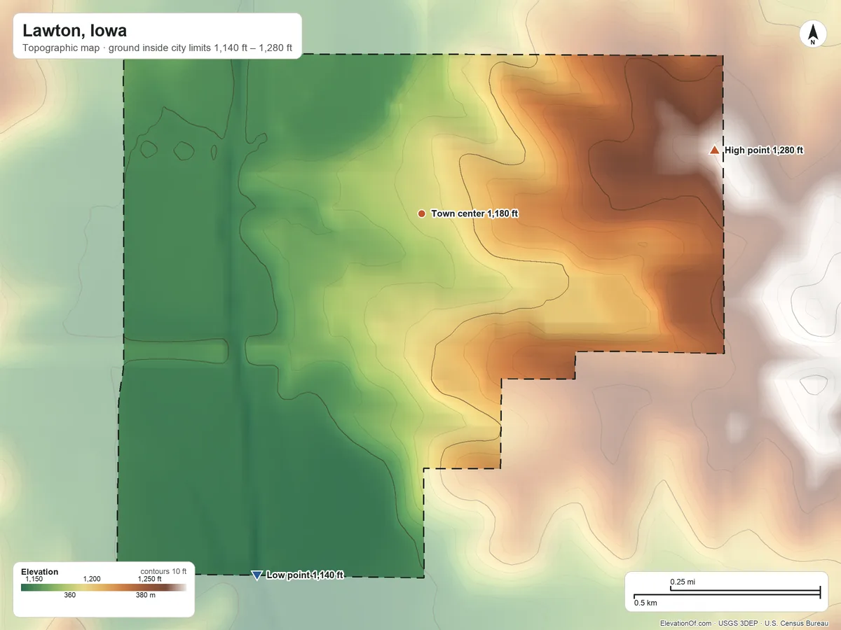 Topographic elevation map of Lawton, Iowa, shaded from 1,140 ft on the southwest side to 1,280 ft on the east side