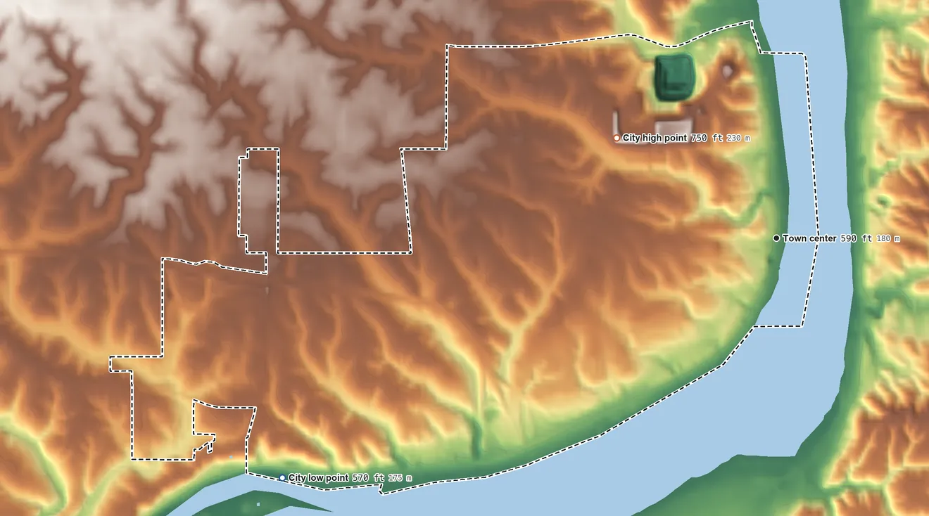 Topographic elevation map of Le Claire, Iowa, shaded from 570 ft on the southwest side to 750 ft on the northwest side