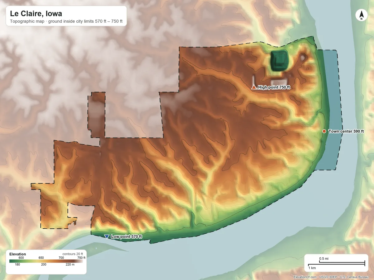 Topographic elevation map of Le Claire, Iowa, shaded from 570 ft on the southwest side to 750 ft on the northwest side