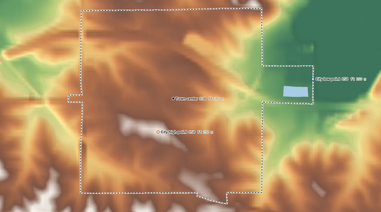 Topographic elevation map of Le Grand, Iowa, shaded from 850 ft on the east side to 950 ft on the southwest side