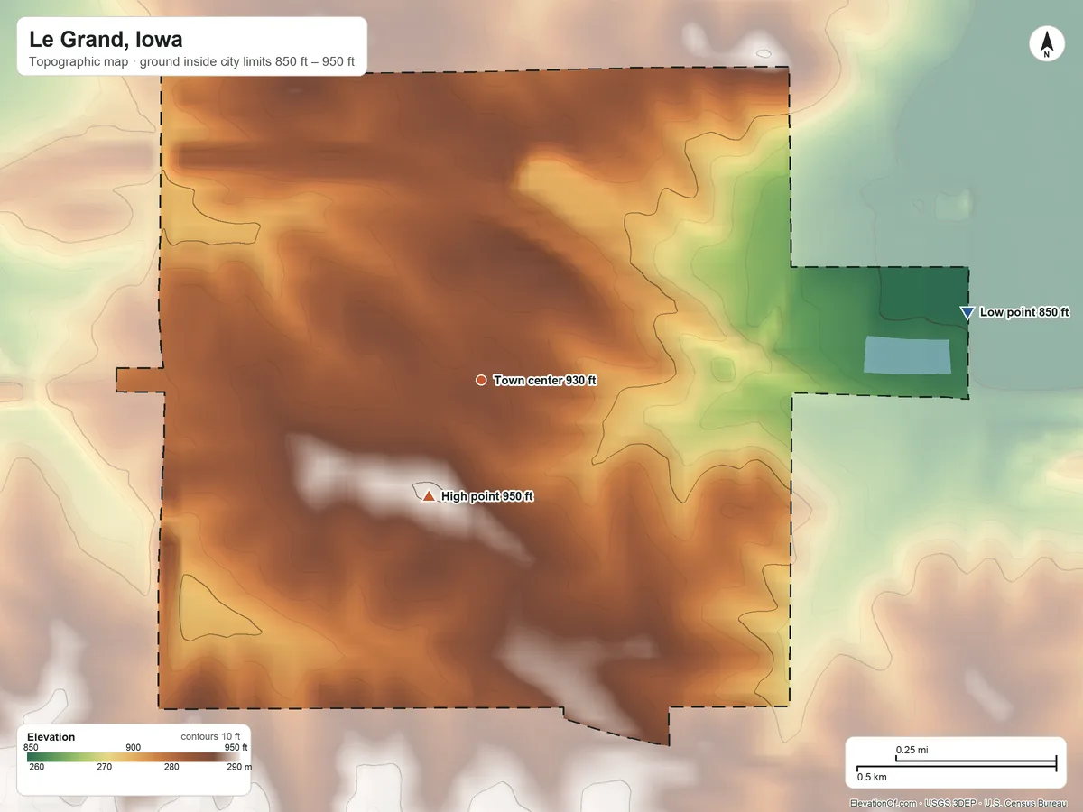 Topographic elevation map of Le Grand, Iowa, shaded from 850 ft on the east side to 950 ft on the southwest side