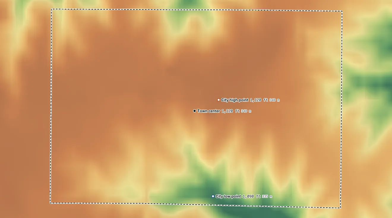 Topographic elevation map of Le Roy, Iowa, shaded from 1,090 ft on the south side to 1,120 ft near the middle