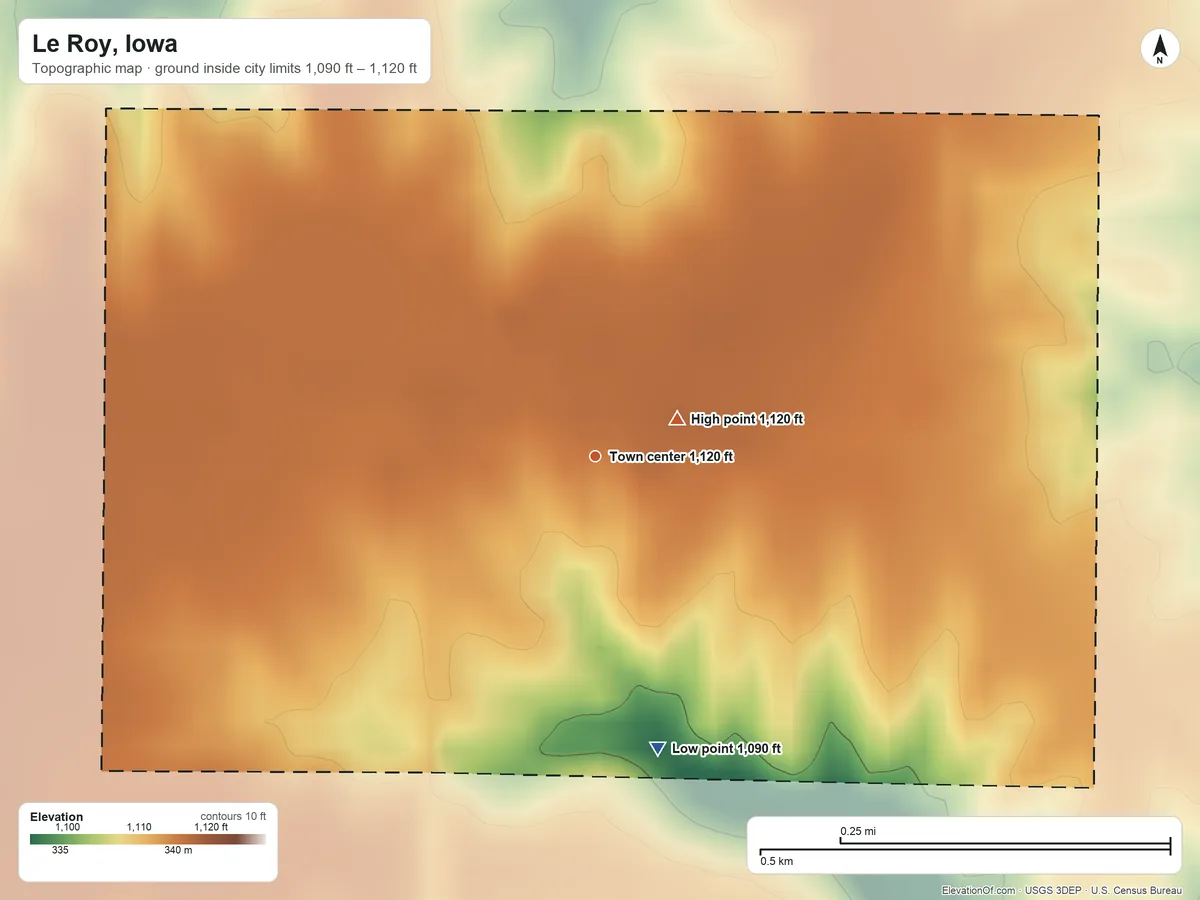 Topographic elevation map of Le Roy, Iowa, shaded from 1,090 ft on the south side to 1,120 ft near the middle