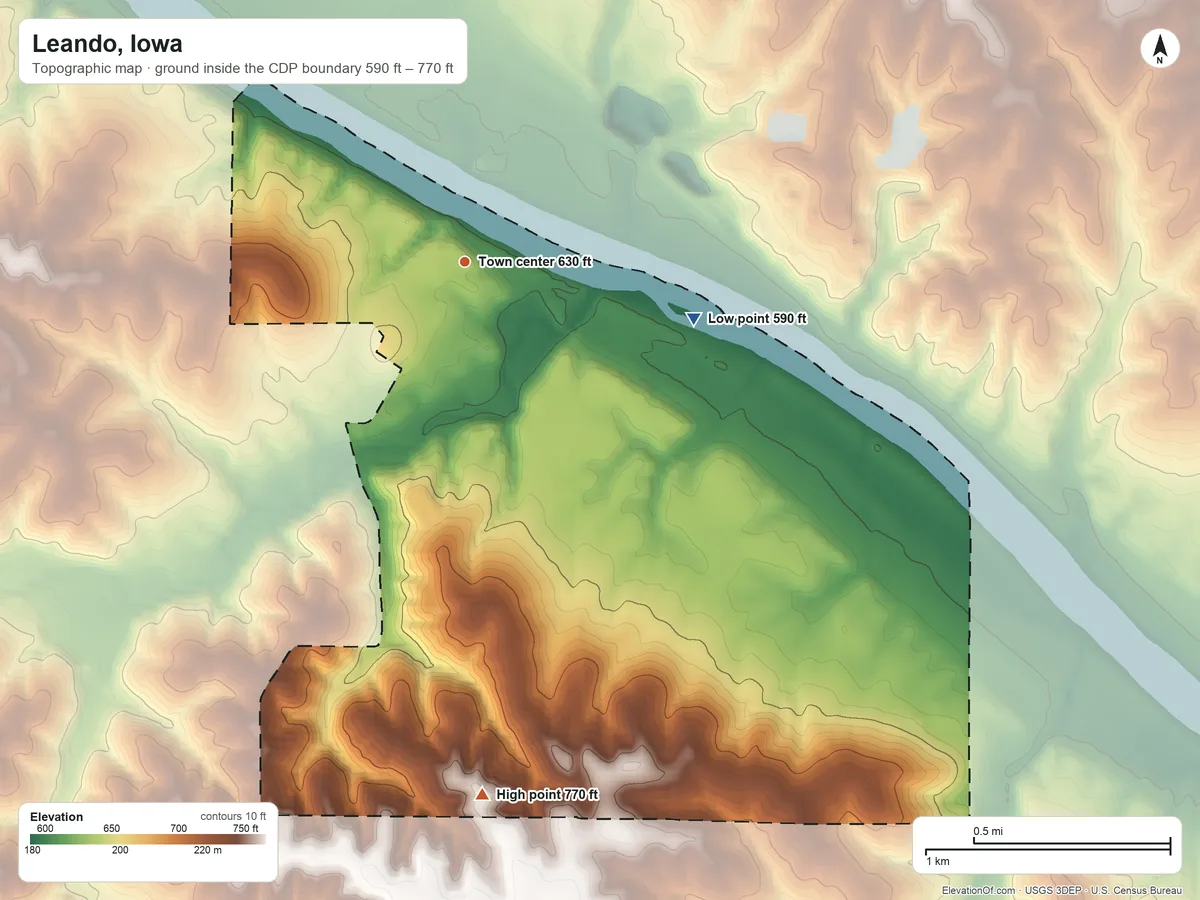 Topographic elevation map of Leando, Iowa, shaded from 590 ft on the east side to 770 ft on the south side