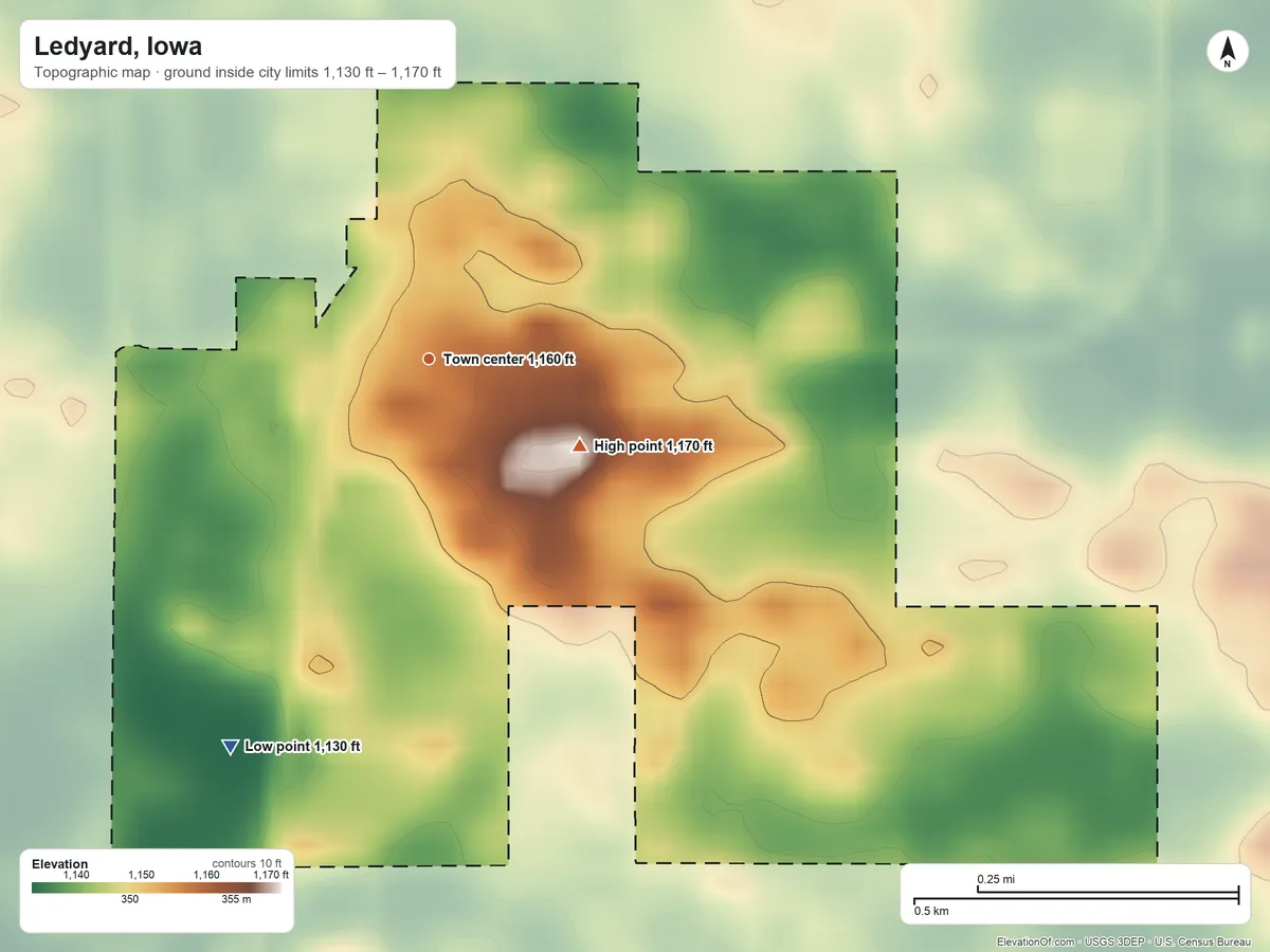 Topographic elevation map of Ledyard, Iowa, shaded from 1,130 ft on the southwest side to 1,170 ft on the southeast side
