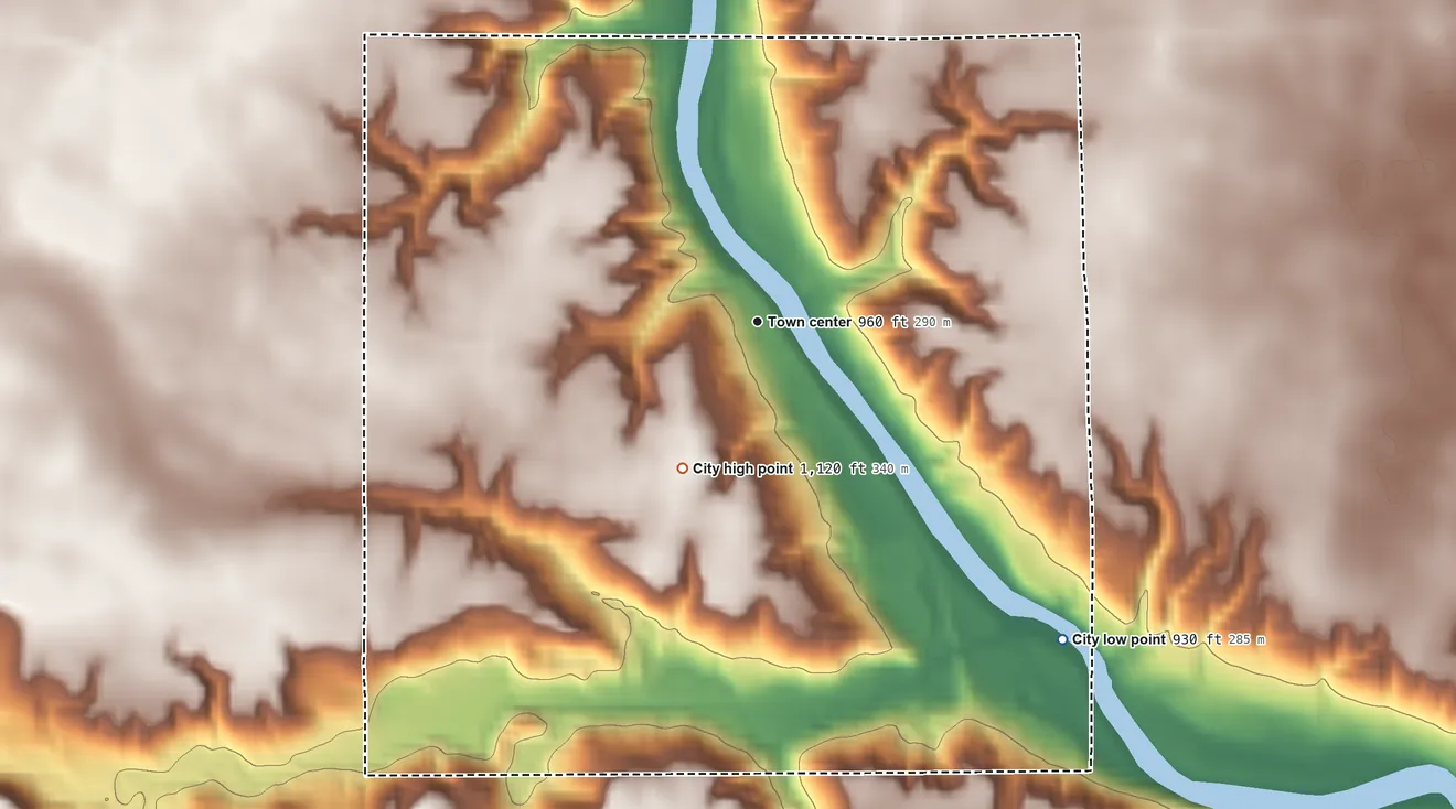 Topographic elevation map of Lehigh, Iowa, shaded from 930 ft on the southeast side to 1,120 ft on the southwest side