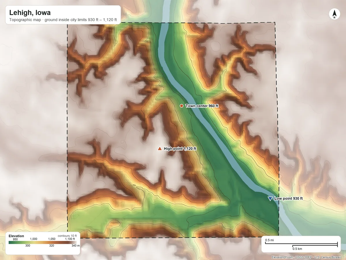Topographic elevation map of Lehigh, Iowa, shaded from 930 ft on the southeast side to 1,120 ft on the southwest side