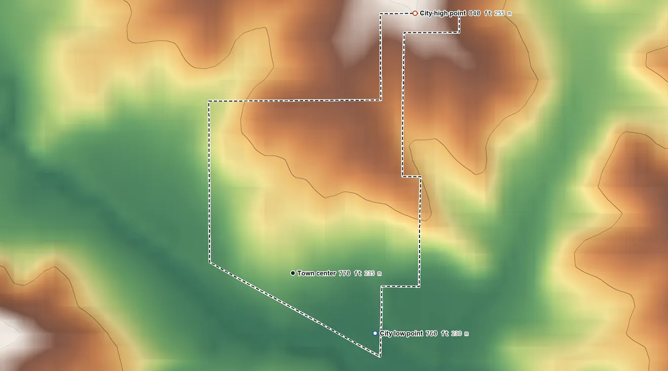 Topographic elevation map of Leighton, Iowa, shaded from 760 ft on the southeast side to 840 ft on the northeast side