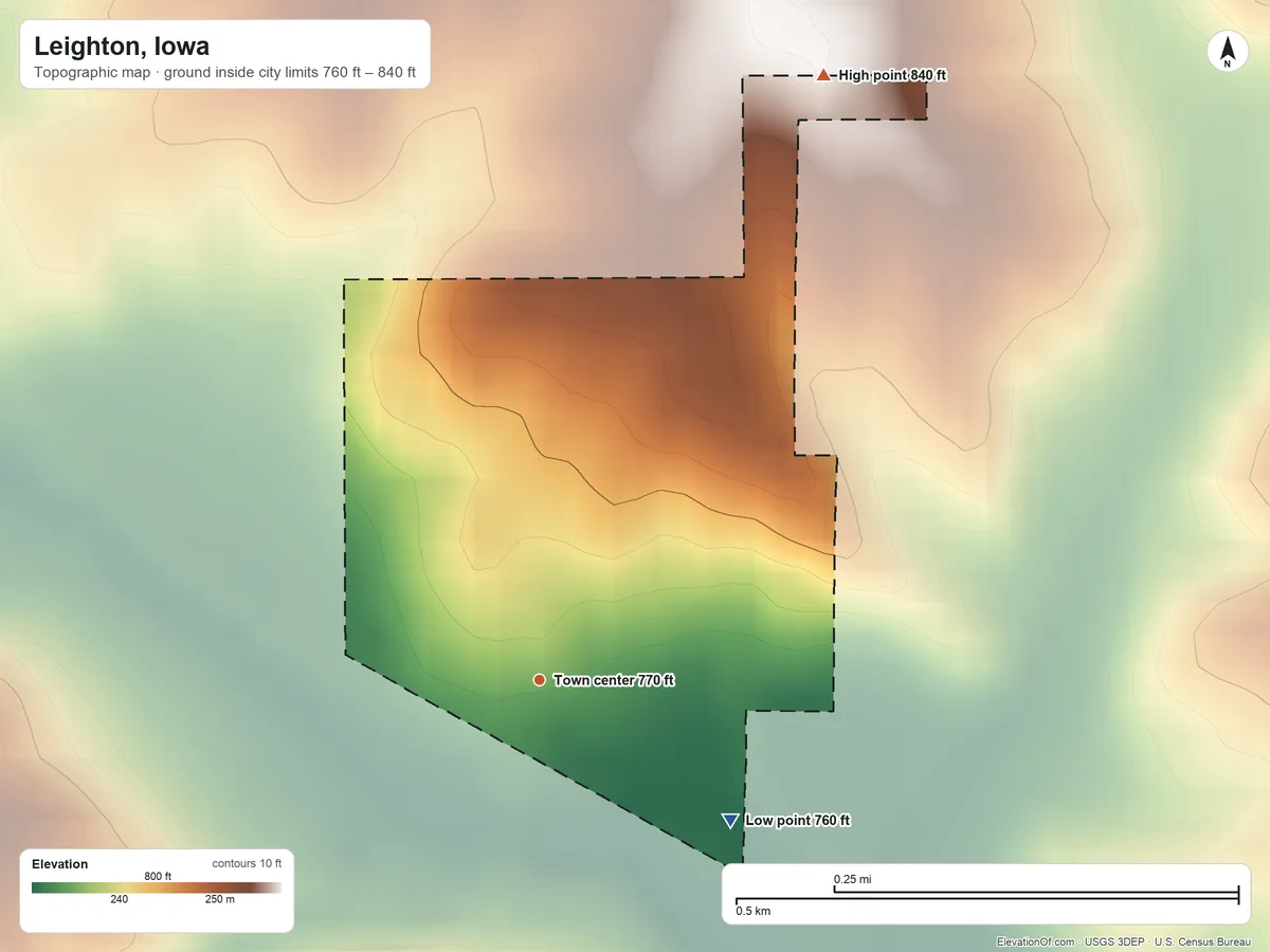 Topographic elevation map of Leighton, Iowa, shaded from 760 ft on the southeast side to 840 ft on the northeast side
