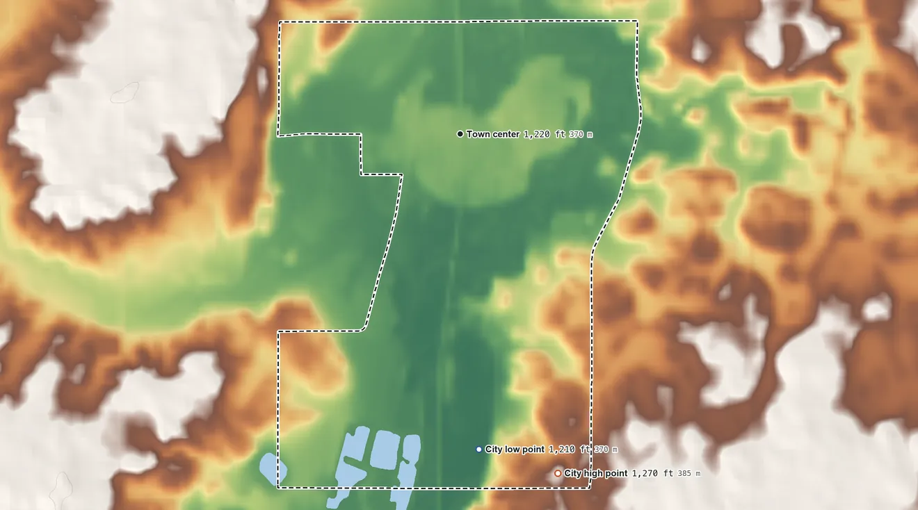 Topographic elevation map of Leland, Iowa, shaded from 1,210 ft on the south side to 1,270 ft on the south side