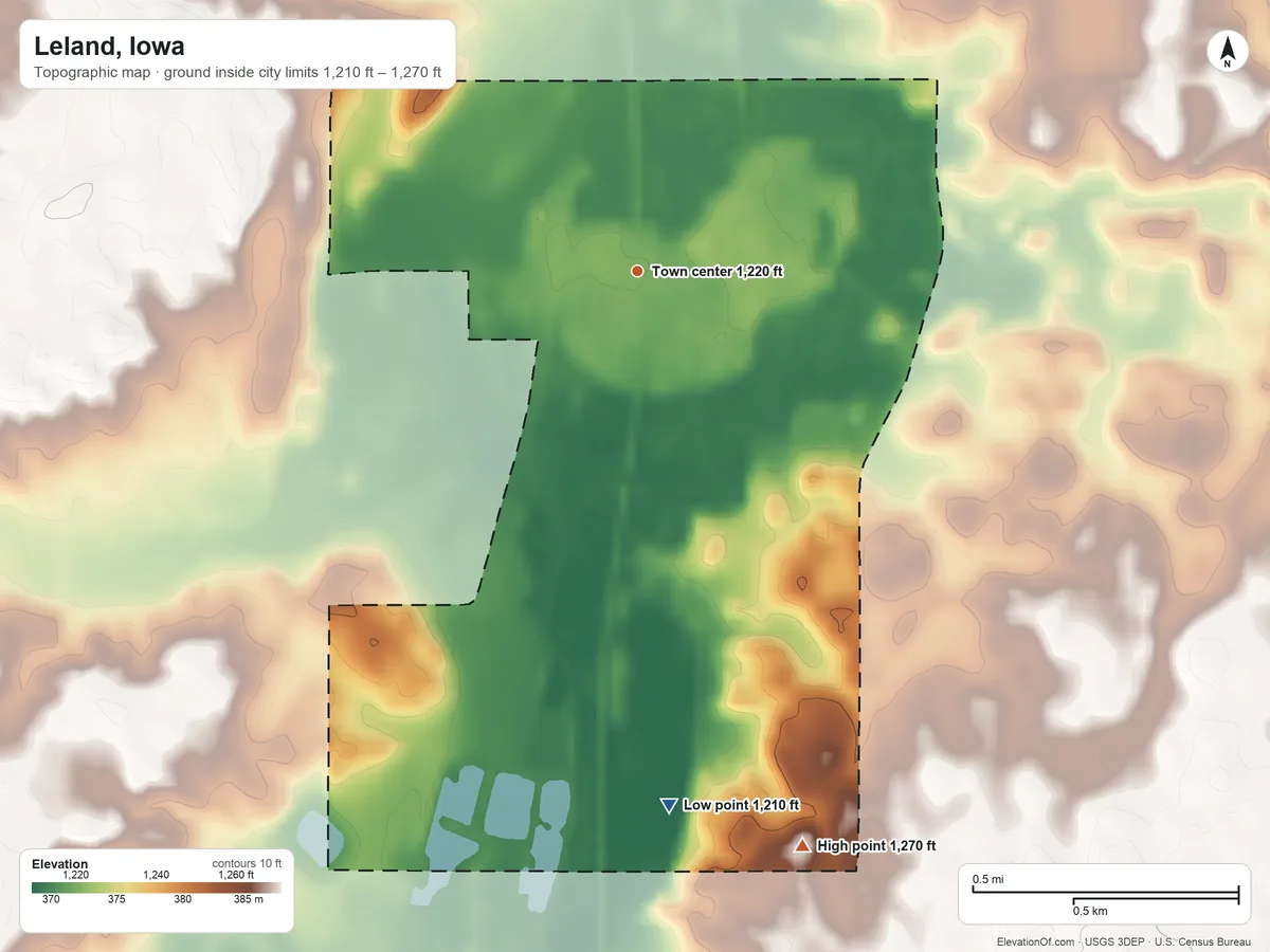 Topographic elevation map of Leland, Iowa, shaded from 1,210 ft on the south side to 1,270 ft on the south side