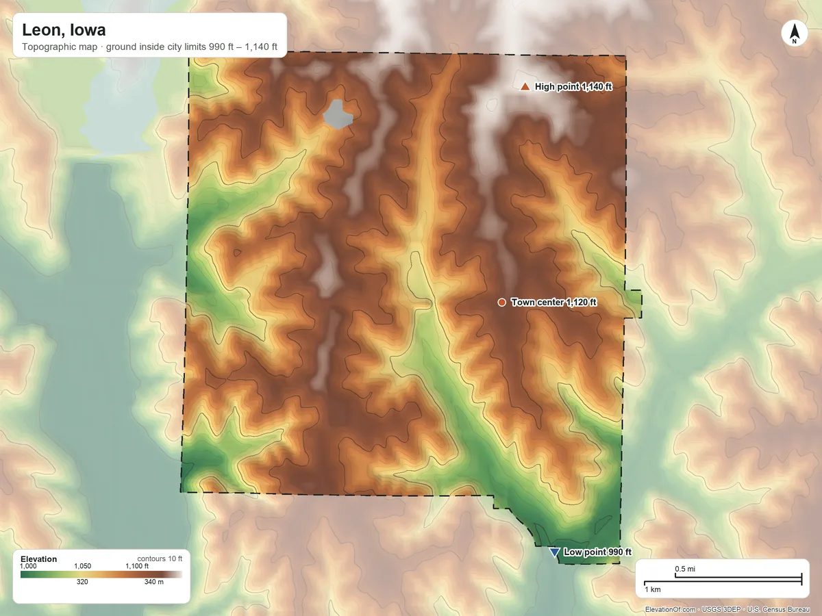 Topographic elevation map of Leon, Iowa, shaded from 990 ft on the south side to 1,140 ft on the north side