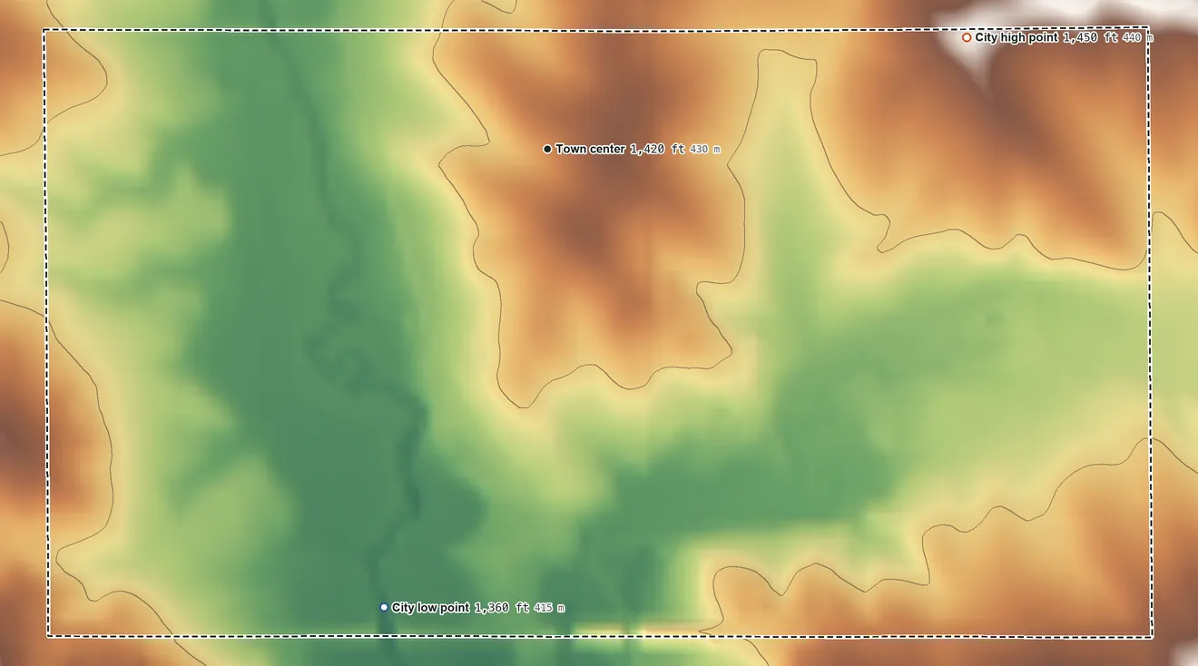 Topographic elevation map of Lester, Iowa, shaded from 1,360 ft on the south side to 1,450 ft on the east side