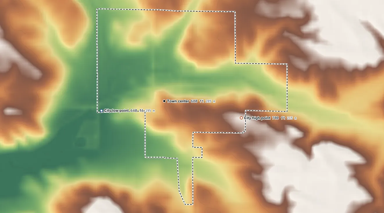 Topographic elevation map of Letts, Iowa, shaded from 640 ft on the west side to 700 ft on the east side