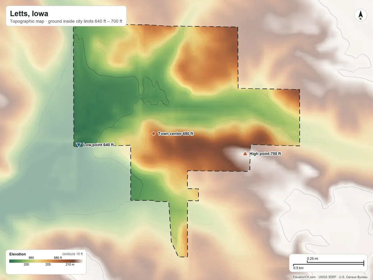 Topographic elevation map of Letts, Iowa, shaded from 640 ft on the west side to 700 ft on the east side