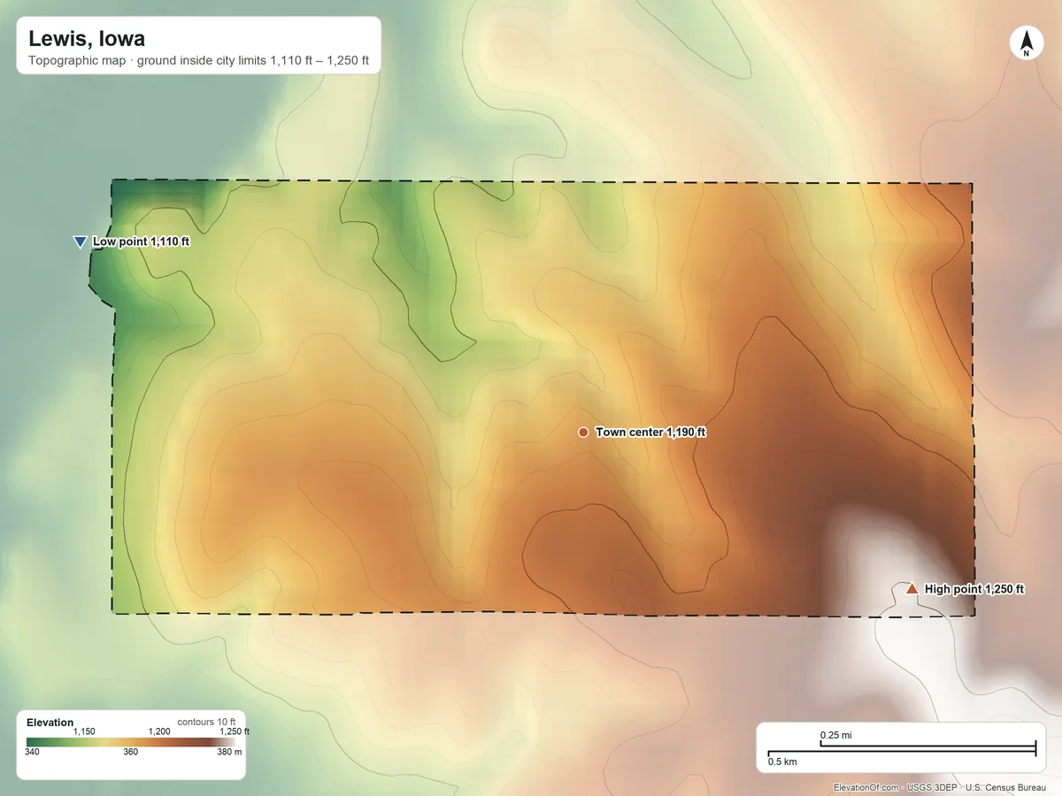 Topographic elevation map of Lewis, Iowa, shaded from 1,110 ft on the west side to 1,250 ft on the southeast side