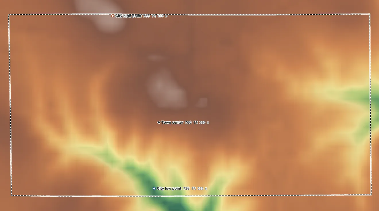 Topographic elevation map of Libertyville, Iowa, shaded from 730 ft on the south side to 760 ft on the northwest side
