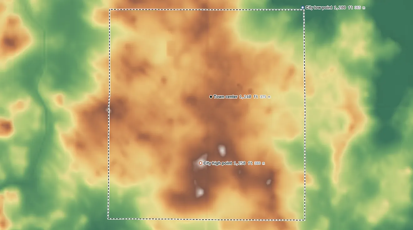 Topographic elevation map of Lidderdale, Iowa, shaded from 1,200 ft on the northeast side to 1,250 ft on the south side