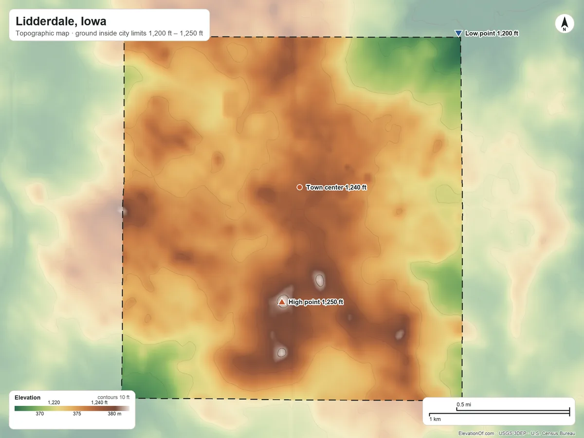 Topographic elevation map of Lidderdale, Iowa, shaded from 1,200 ft on the northeast side to 1,250 ft on the south side