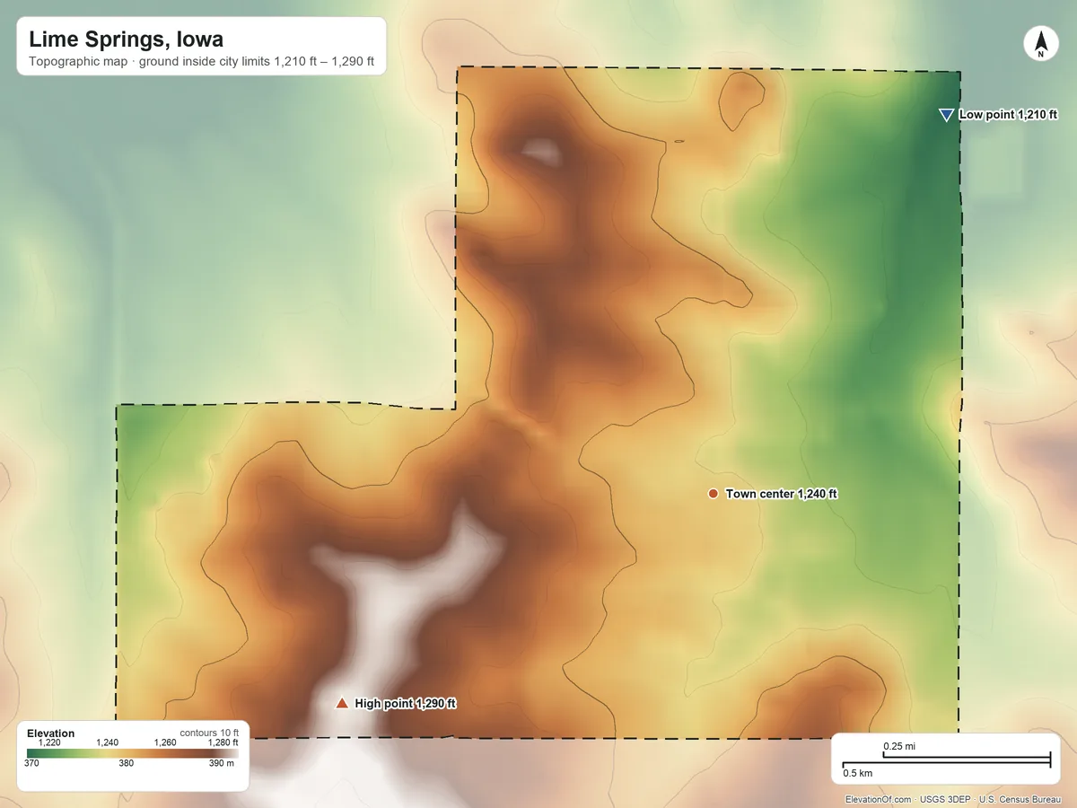 Topographic elevation map of Lime Springs, Iowa, shaded from 1,210 ft on the northeast side to 1,290 ft on the southwest side