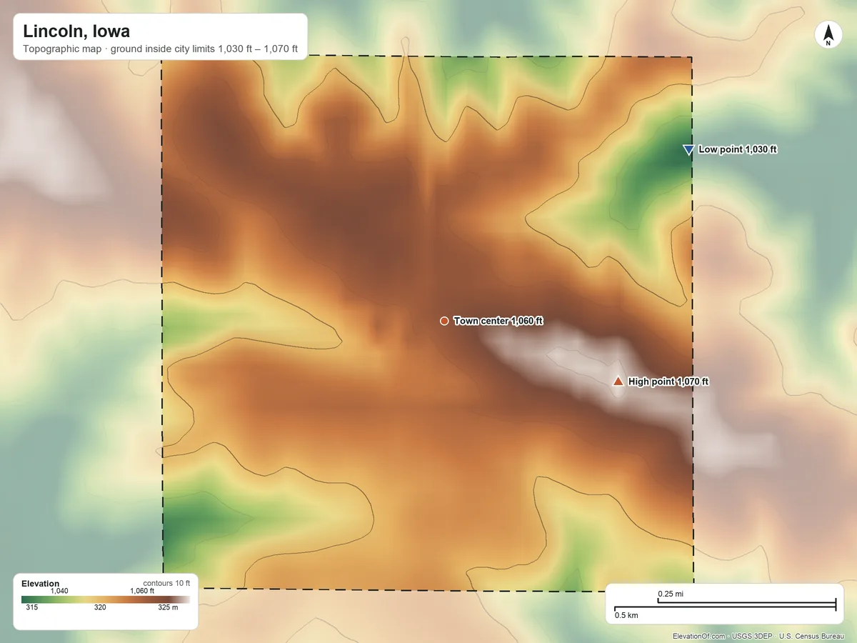 Topographic elevation map of Lincoln, Iowa, shaded from 1,030 ft on the northeast side to 1,070 ft on the east side