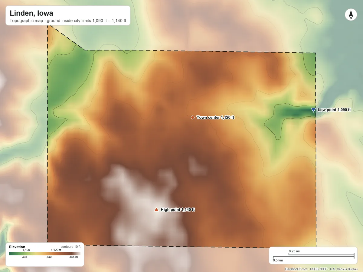 Topographic elevation map of Linden, Iowa, shaded from 1,090 ft on the east side to 1,140 ft on the south side