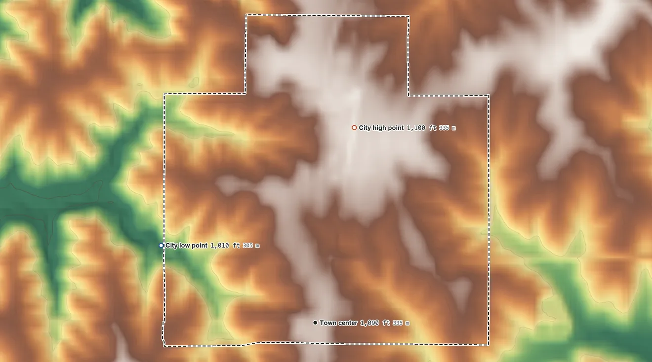 Topographic elevation map of Lineville, Iowa, shaded from 1,010 ft on the northwest side to 1,100 ft on the north side