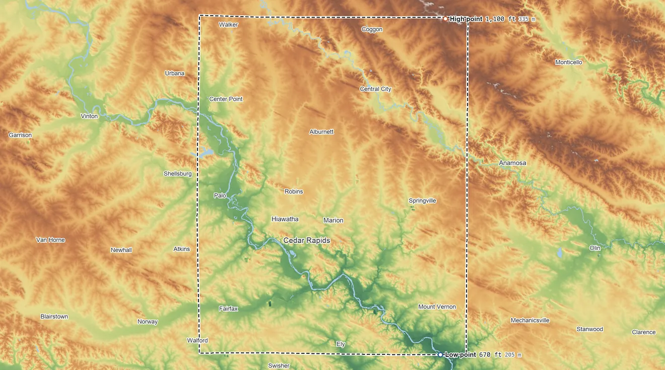 Topographic elevation map of Linn County, Iowa, shaded from 670 ft on the southeast side to 1,100 ft on the northeast side