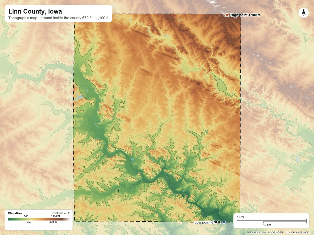 Topographic elevation map of Linn County, Iowa, shaded from 670 ft on the southeast side to 1,100 ft on the northeast side