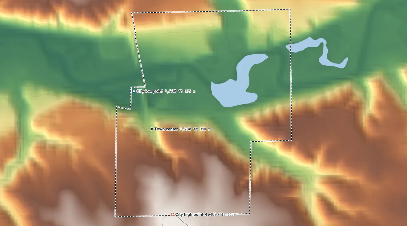 Topographic elevation map of Linn Grove, Iowa, shaded from 1,230 ft on the northwest side to 1,400 ft on the south side