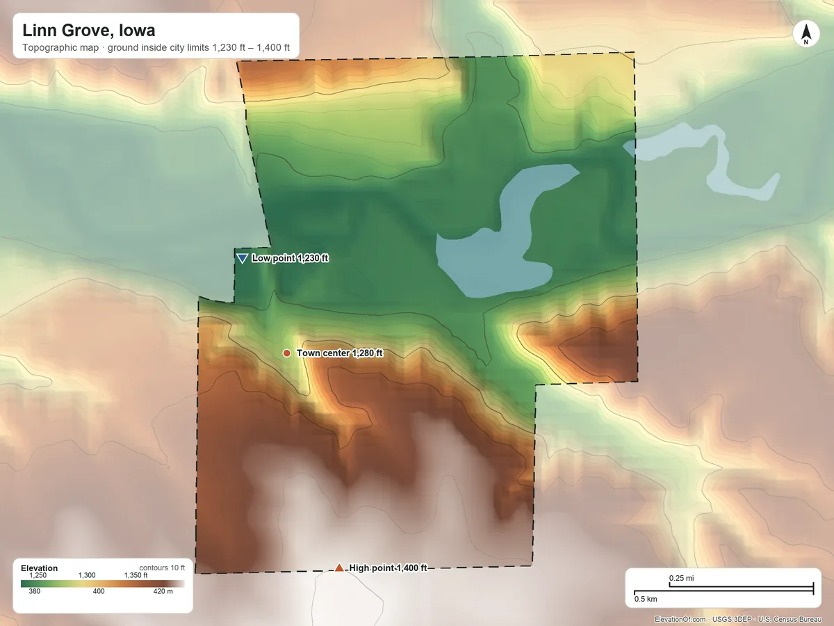 Topographic elevation map of Linn Grove, Iowa, shaded from 1,230 ft on the northwest side to 1,400 ft on the south side