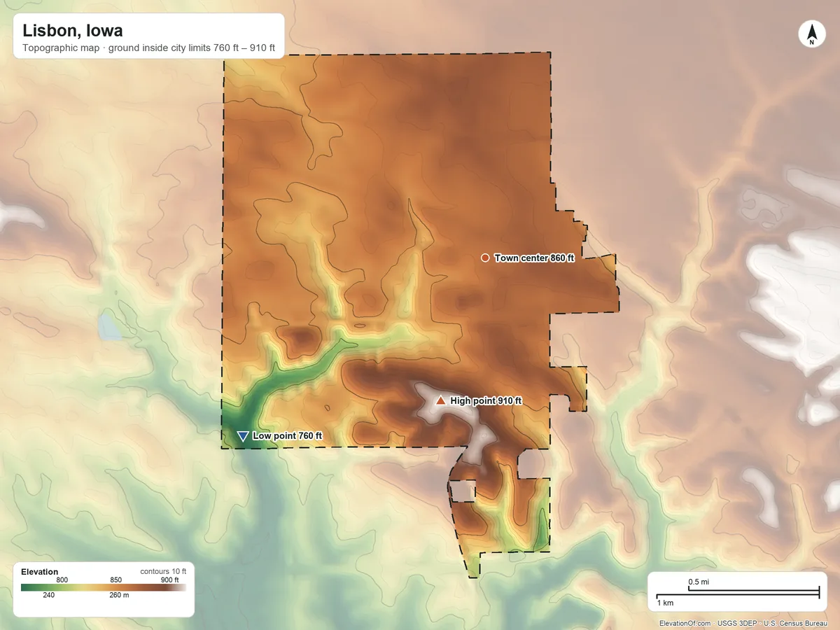 Topographic elevation map of Lisbon, Iowa, shaded from 760 ft on the southwest side to 910 ft on the south side