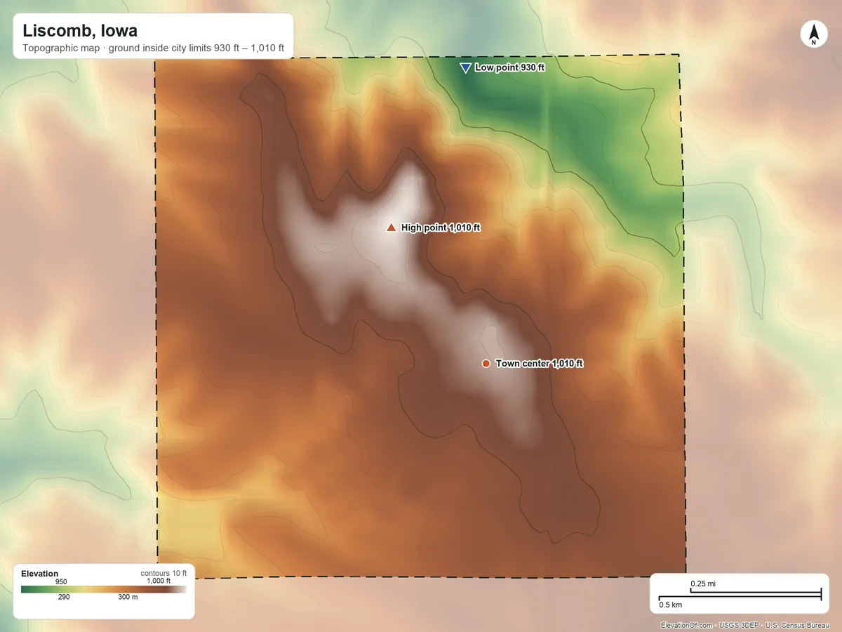Topographic elevation map of Liscomb, Iowa, shaded from 930 ft on the north side to 1,010 ft on the northwest side