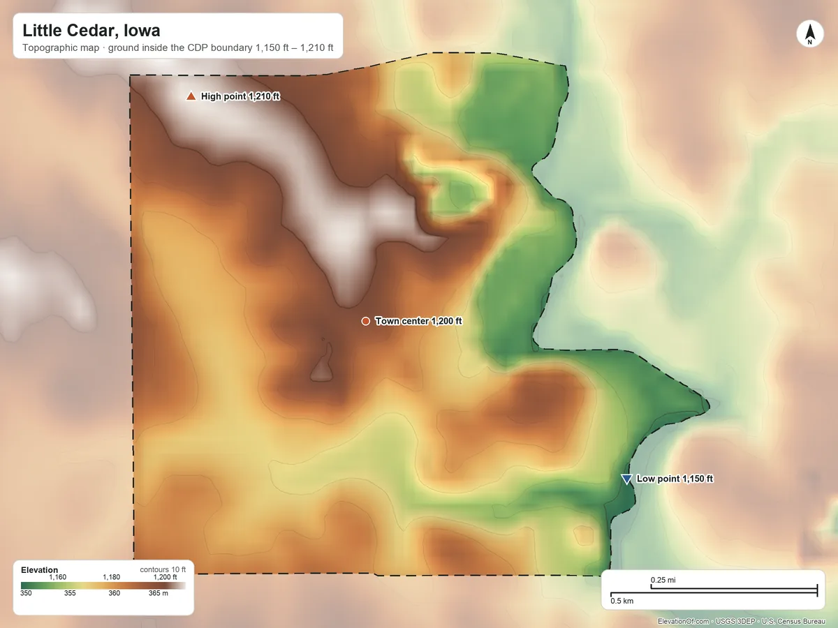 Topographic elevation map of Little Cedar, Iowa, shaded from 1,150 ft on the southeast side to 1,210 ft on the northwest side