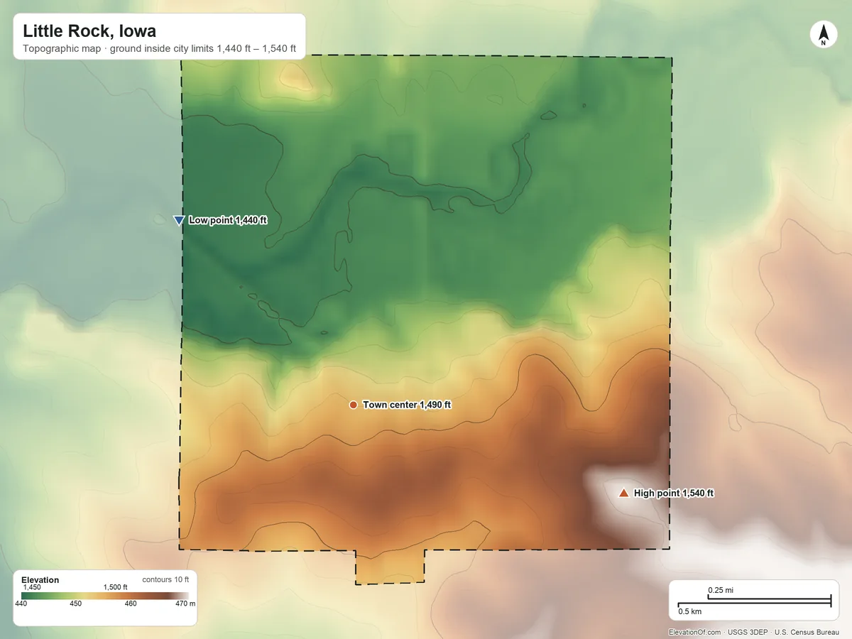 Topographic elevation map of Little Rock, Iowa, shaded from 1,440 ft on the northwest side to 1,540 ft on the east side