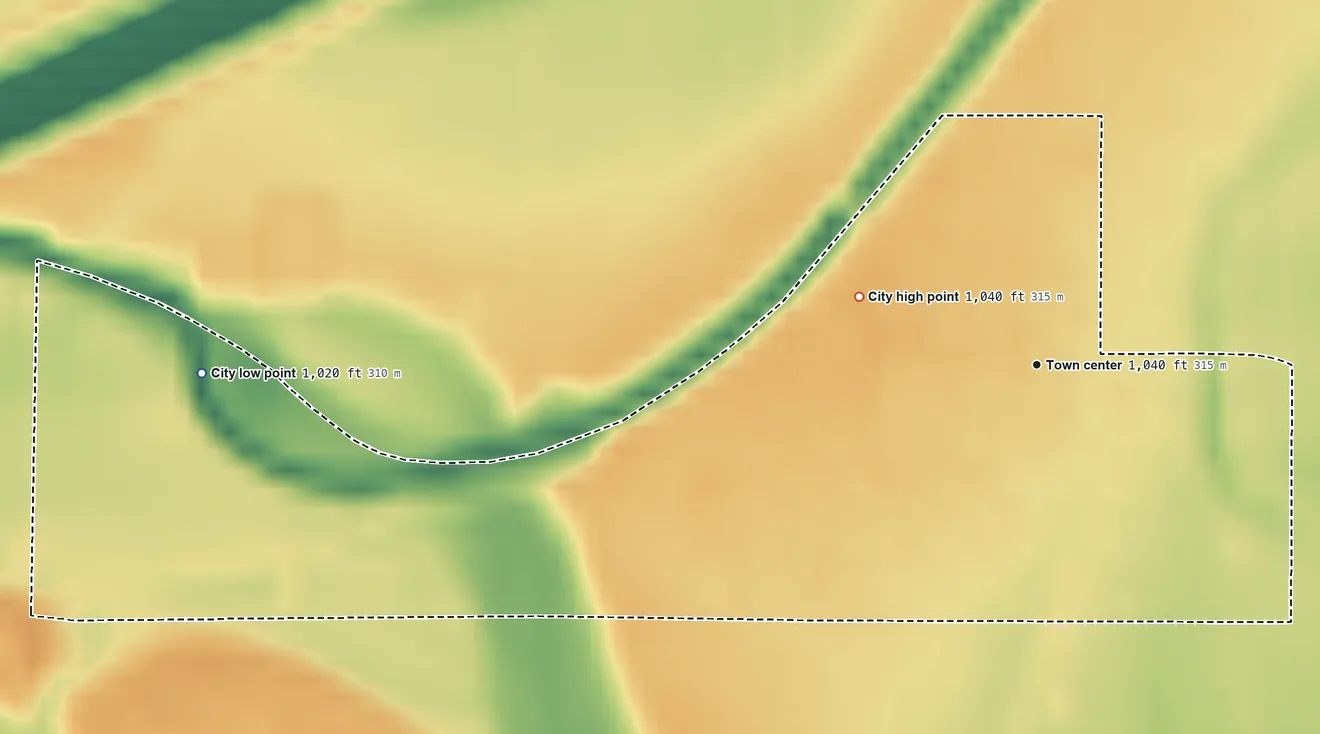 Topographic elevation map of Little Sioux, Iowa, shaded from 1,020 ft on the west side to 1,040 ft on the west edge, below higher ground just outside