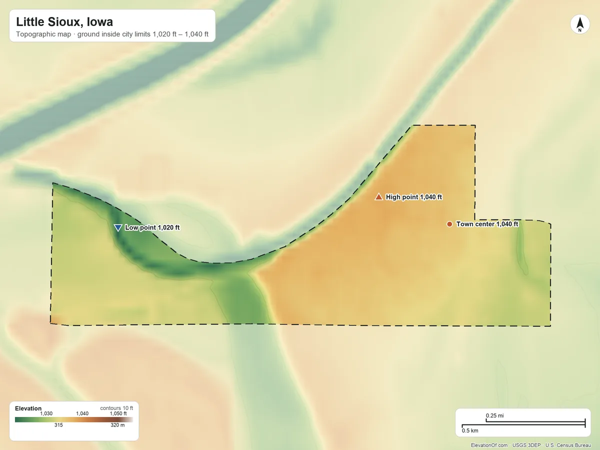 Topographic elevation map of Little Sioux, Iowa, shaded from 1,020 ft on the west side to 1,040 ft on the west edge, below higher ground just outside
