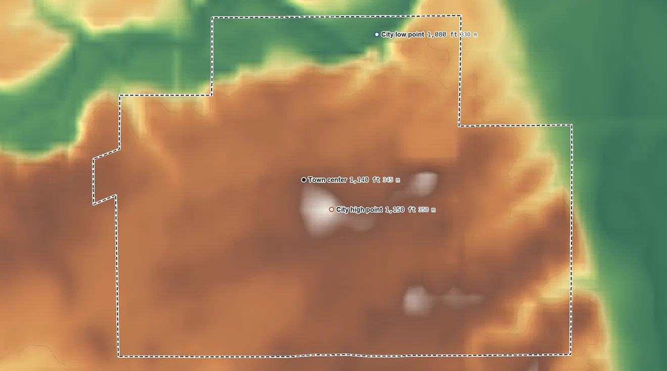 Topographic elevation map of Livermore, Iowa, shaded from 1,080 ft on the northeast side to 1,150 ft near the middle