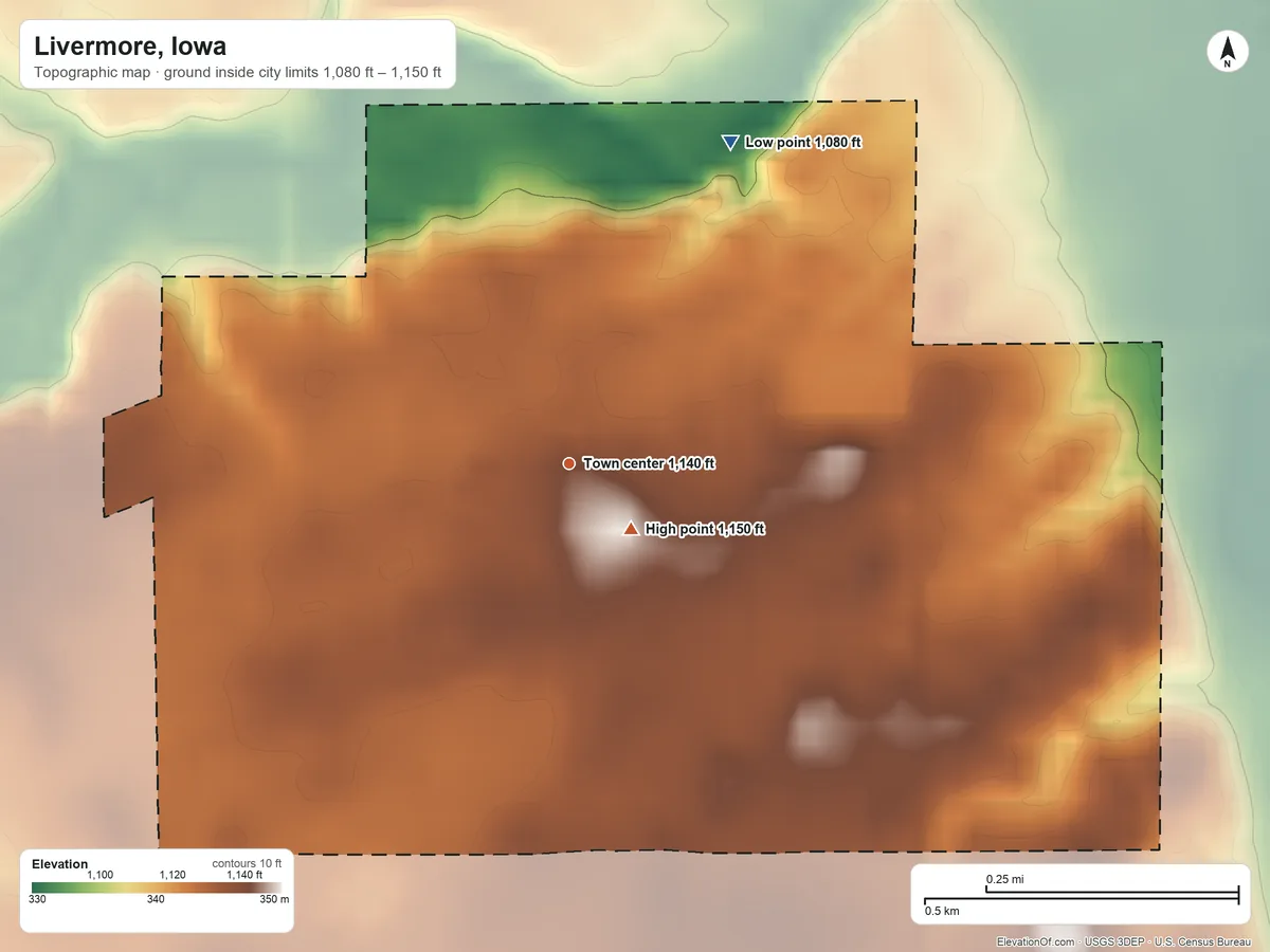 Topographic elevation map of Livermore, Iowa, shaded from 1,080 ft on the northeast side to 1,150 ft near the middle