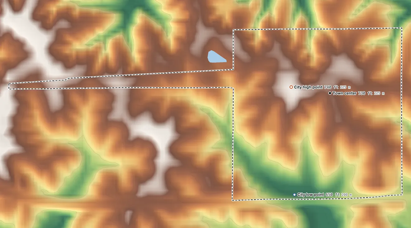 Topographic elevation map of Lockridge, Iowa, shaded from 650 ft on the south side to 740 ft near the middle