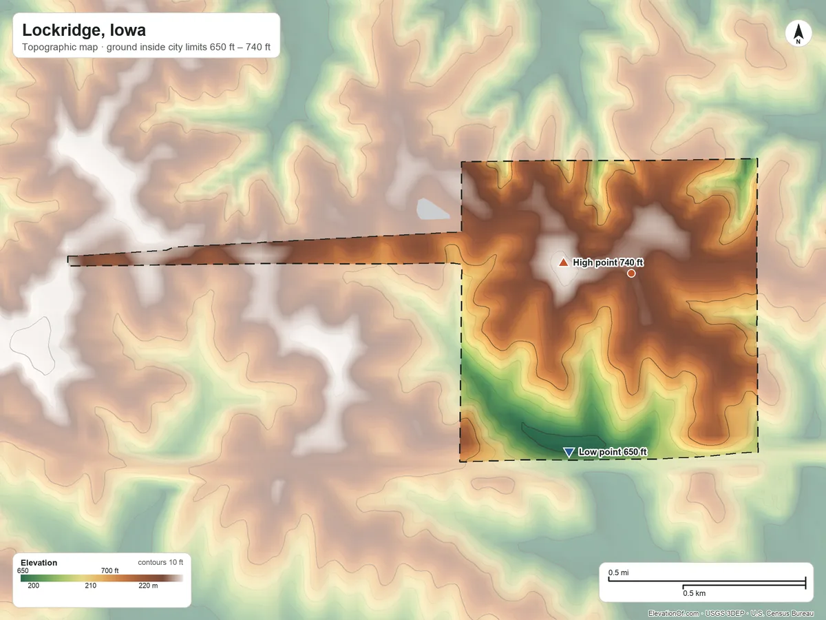Topographic elevation map of Lockridge, Iowa, shaded from 650 ft on the south side to 740 ft near the middle