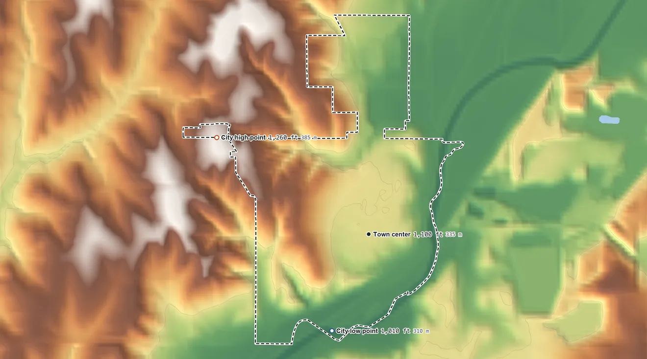 Topographic elevation map of Logan, Iowa, shaded from 1,010 ft on the south side to 1,260 ft on the northwest side