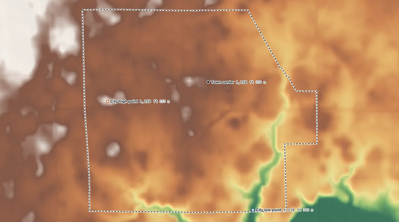 Topographic elevation map of Lohrville, Iowa, shaded from 1,110 ft on the south side to 1,160 ft on the west side