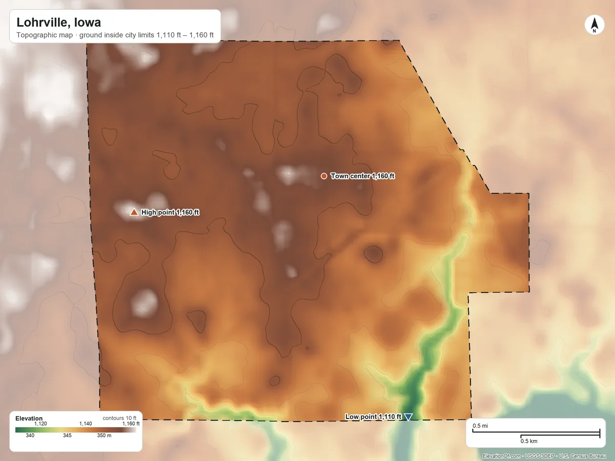 Topographic elevation map of Lohrville, Iowa, shaded from 1,110 ft on the south side to 1,160 ft on the west side