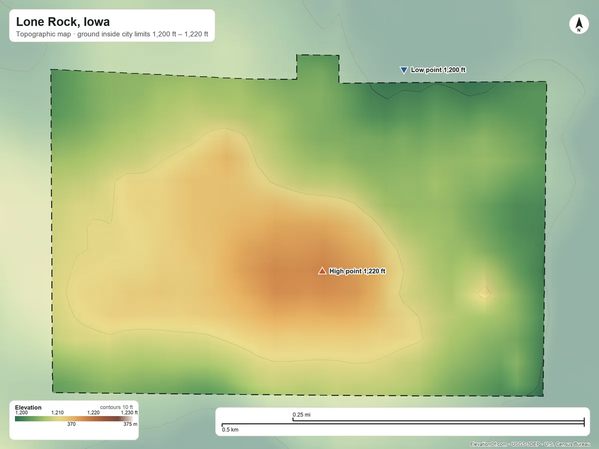 Topographic elevation map of Lone Rock, Iowa, shaded from 1,200 ft on the northeast side to 1,220 ft on the south side